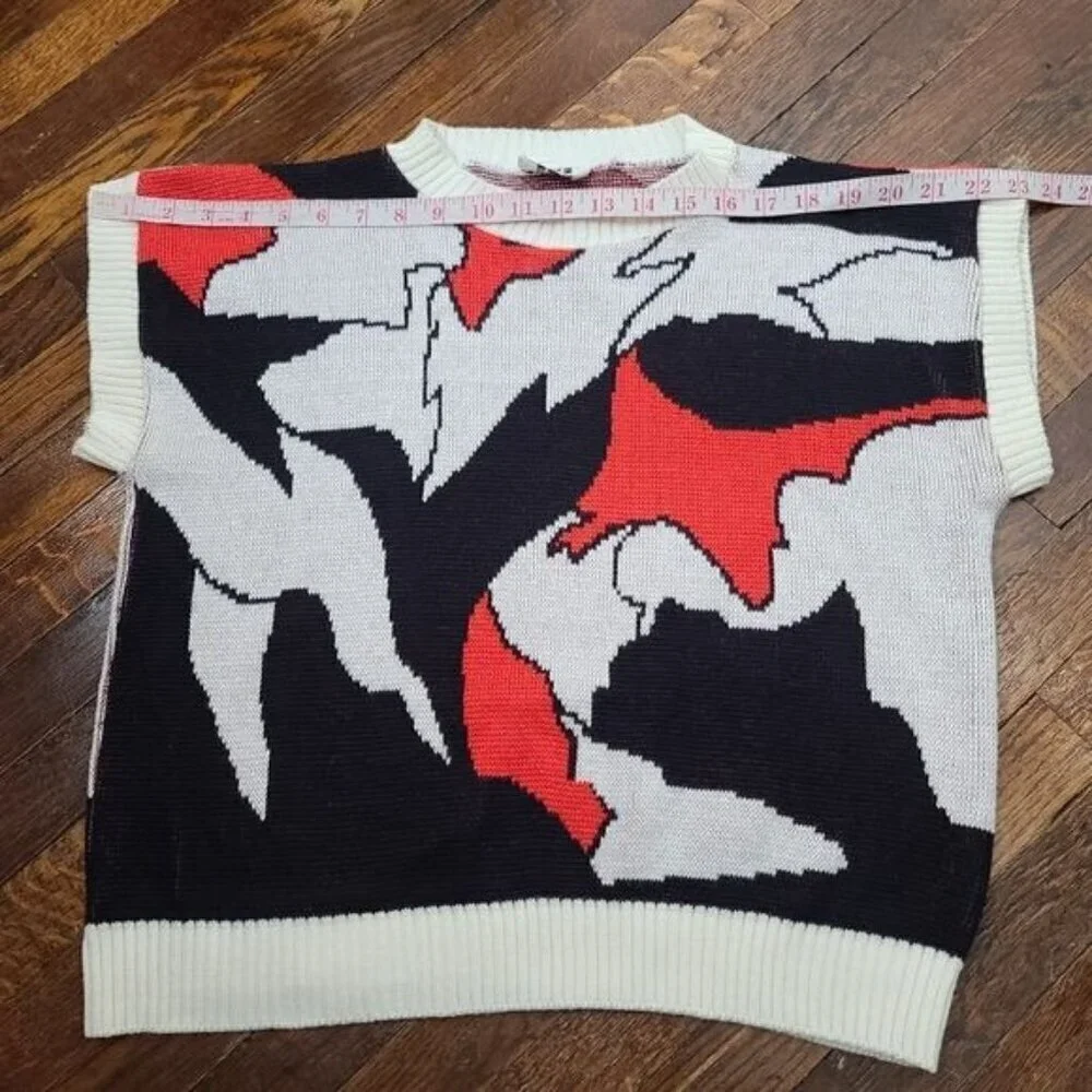 Vintage 70's Abstract Black White Red Sweater Short Sleeve Top - Picture 4 of 8